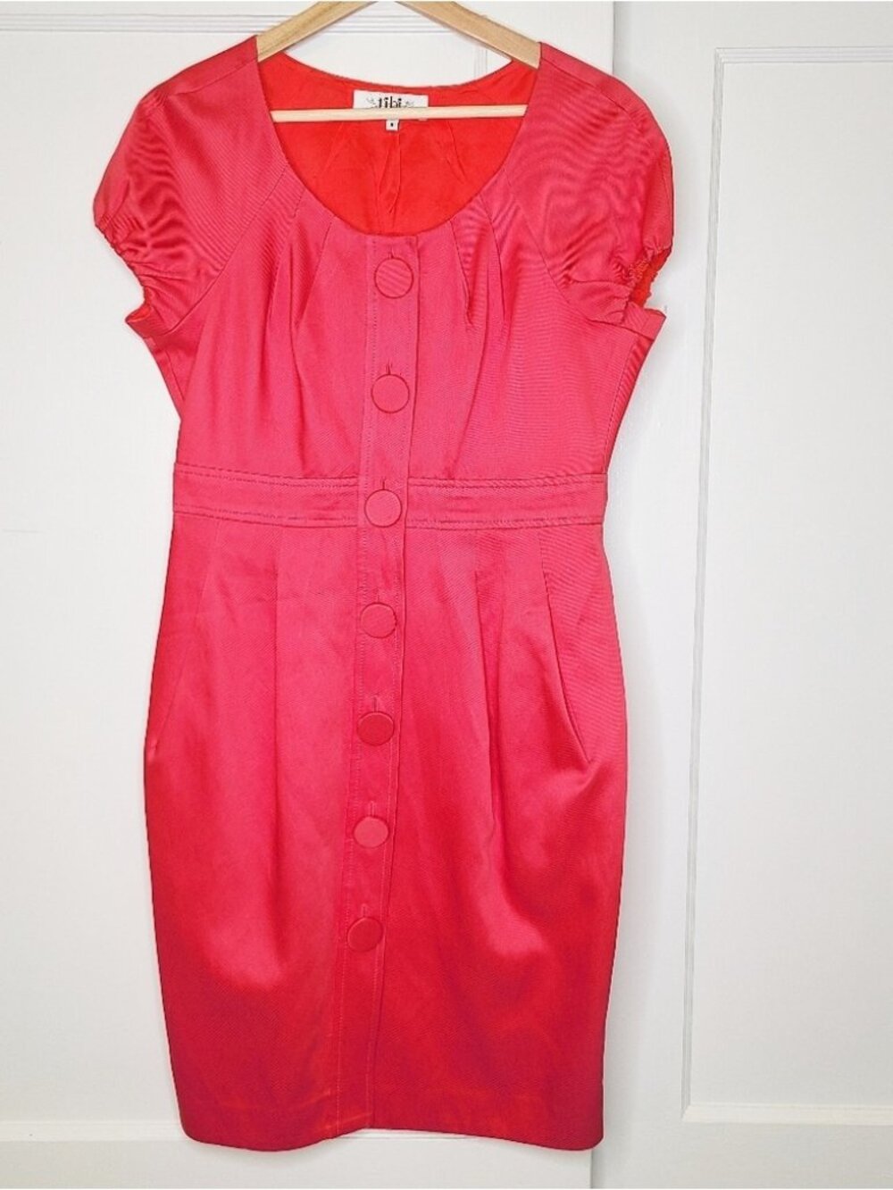 Pink Button Front Sheath Dress with Pockets
